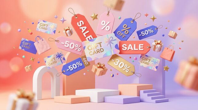 3D Floating Shopping Discount Tags and Gift Cards Promo Background