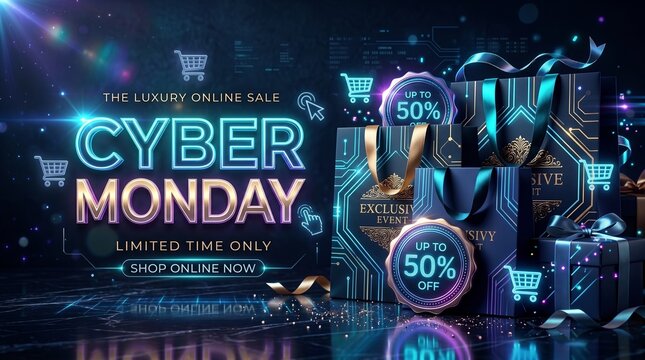 Cyber Monday Luxury Online Sale Banner with Neon Cyan Glow and Gift Packaging