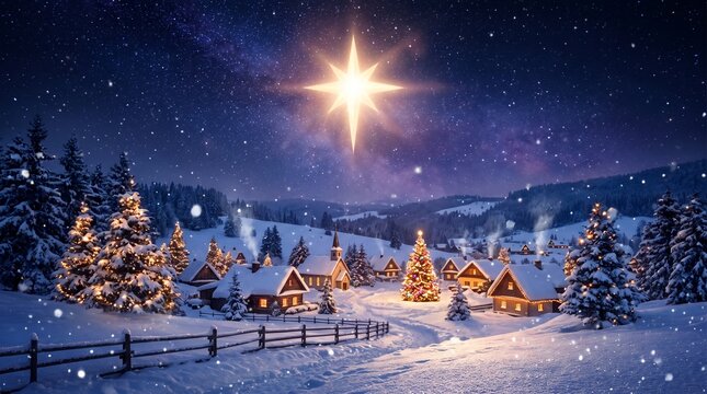 Star of Bethlehem Glowing Over Snow Covered Winter Village Landscape at Night
