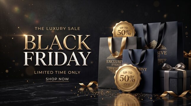 Black Friday Luxury Sale Banner with Elegant Gold Typography and Shopping Bags