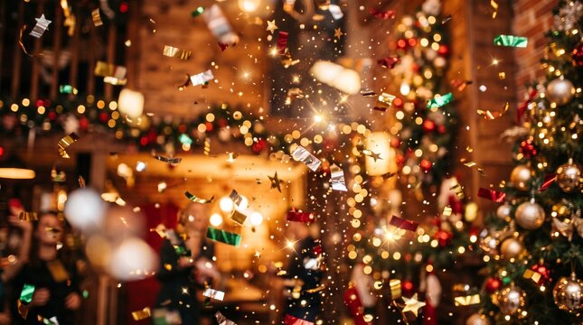 Festive Confetti Rain with Golden Bokeh Lights and Christmas Tree Background