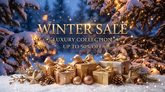 Winter Sale Luxury Collection Banner with Golden Gift Boxes and Snowy Christmas Tree Background