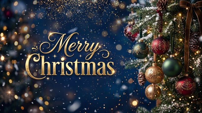 Elegant Merry Christmas Golden Text Banner with Vintage Baubles and Pine Branches