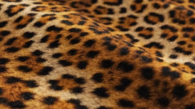 Slow pan closeup of leopard print fur fabric rippling to reveal texture in studio lighting
