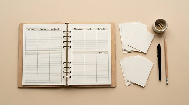 Open weekly planner mockup featuring sticky notes pen pencil and clips on beige background