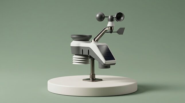 Modern weather station with anemometer and rain gauge rendered in clean minimalist studio lighting