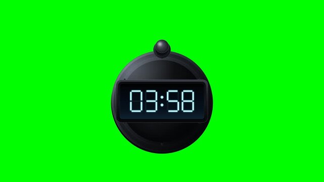 Digital countdown timer displaying glowing cyan digits on a black stopwatch over a bright green screen, perfect for chroma key compositing, video overlays, presentations, and event graphics.