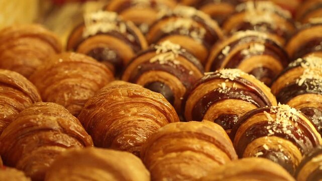 Rows of glazed pastries displayed at a bakery during the day