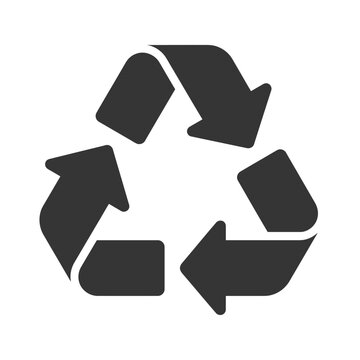 Black universal recycling symbol with three chasing arrows in a triangular loop configuration on a solid white background, flat minimalist design for environmental conservation awareness.