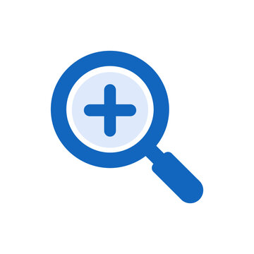 Blue magnifying glass icon with a plus symbol in the center for zoom in functionality. Minimalist flat vector illustration isolated on white for web and app interface design.