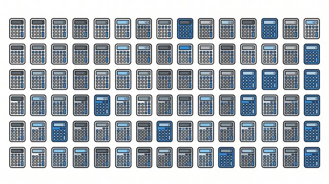 minimalist calculator icons arranged horizontally, featuring rounded rectangular bodies, digital display screens, square buttons, bold black outlines, and blue accents.