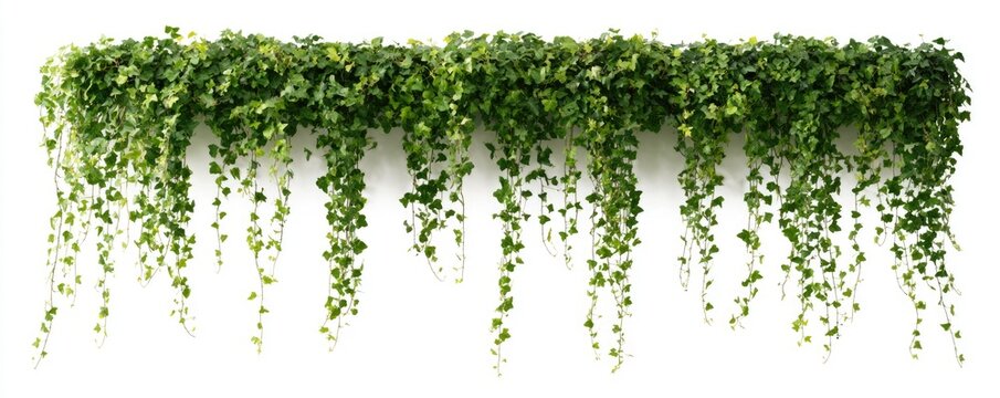 Green ivy vines hanging down against a white background, showcasing natural, lush foliage in a decorative, cascading pattern.