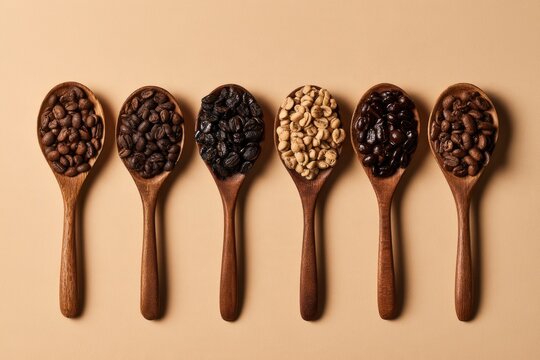 Six wooden spoons filled with different types and colors of coffee beans arranged in a row on a beige background.