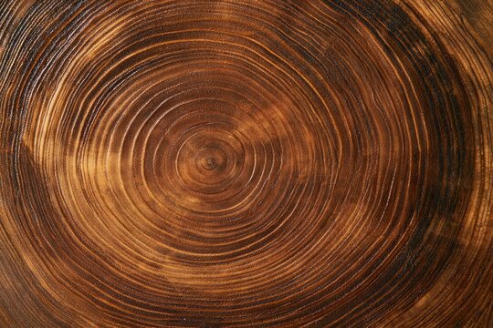 Close-up image of tree rings showing natural wood texture and growth patterns in concentric circles with rich brown hues.