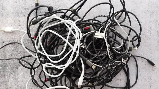 Hands sorting a tangle of black and white cables on a floor