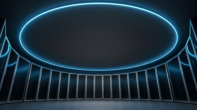 Circular Data Center Room with Server Racks and Neon Ring Light