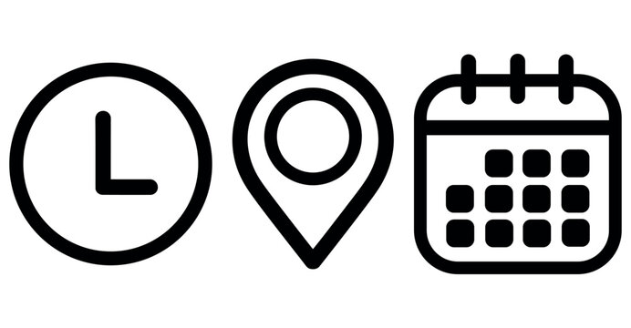 Clock, map pin, and calendar icons representing time, location, and scheduling for planning.