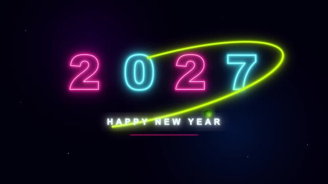 Glowing neon numbers for year twenty twenty seven with colorful happy new year greetings against dark background