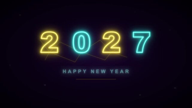 Glowing neon numbers revealing year twenty twenty seven against dark night sky with twinkling stars background