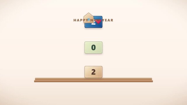 Colorful blocks falling down from above with festive new year text and graphics against plain background