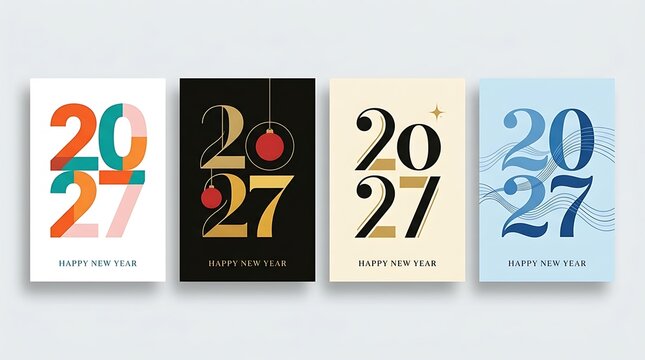 Collection of four new year 2027 graphic designs with vibrant color schemes and typography