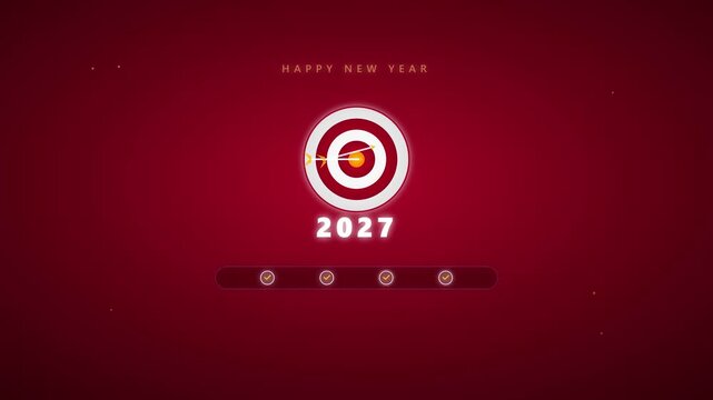 Happy New Year 2027 greeting animation featuring target bullseye and glowing arrow hit celebration design