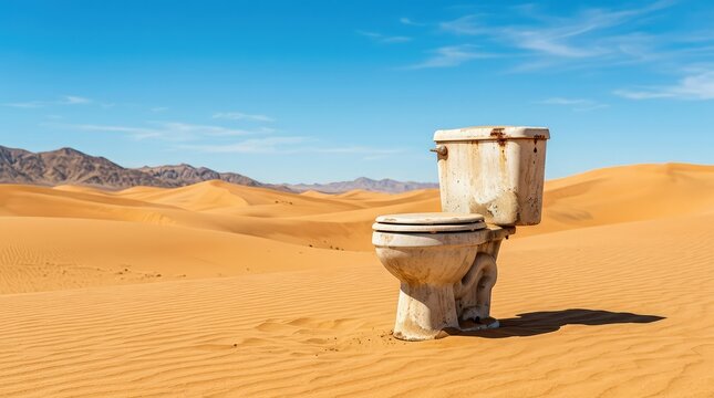 A lone, weathered toilet stands strangely abandoned amidst the vast, undulating sand dunes of a harsh and sun-baked desert landscape, remote, environment, sand