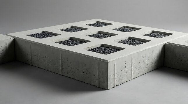 Industrial concrete paving block featuring square geometric cutouts filled with dark volcanic gravel stones designed for modern landscape architecture drainage system.