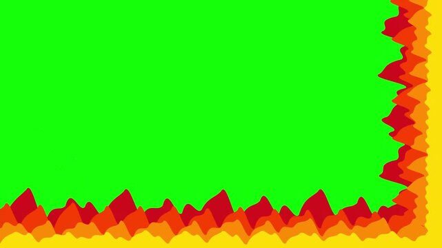 Stylized flat vector fire flame border animation looping on green screen background.