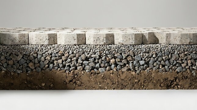 Cross section diagram of permeable pavement system showing porous concrete blocks on top of graded aggregate drainage layers over soil foundation for drainage.