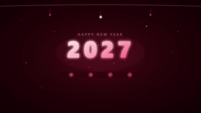 Happy new year 2027 glowing text celebration greeting background with dark red lights and festive particles