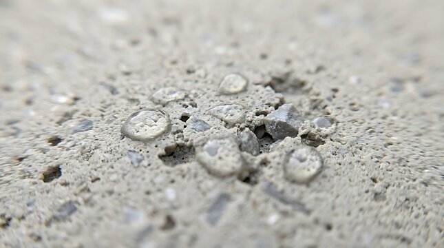 Extreme close up of water droplets on light grey porous concrete surface showing texture of permeable building material and liquid tension on stone composition.