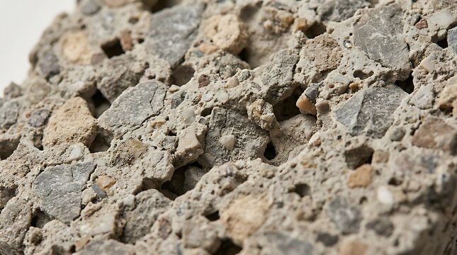 Macro view of porous concrete structure showing internal voids and coarse aggregate composition used for sustainable drainage systems and permeable paving stones.