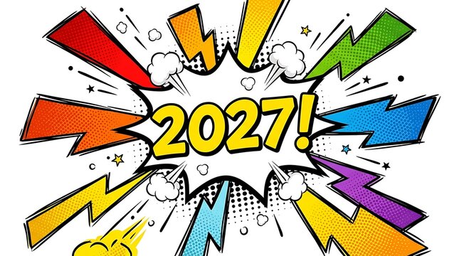 Comic book style explosion with the year 2027 in bold lettering and colorful starbursts