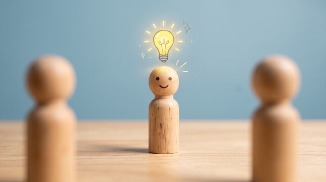 Wooden figure sharing bright idea among observing peers