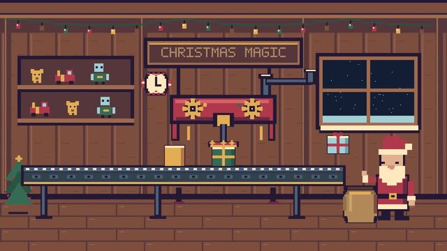 Pixel art Christmas workshop interior with Santa Claus packing presents on a conveyor belt