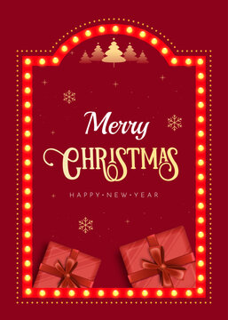 Merry Christmas Greeting with Gift Boxes, Festive Lights and Decorative Red Holiday Frame Editable Vector Illustration
