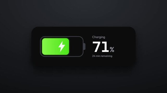Animated battery charge indicator icon showing zero percent status on dark background interface