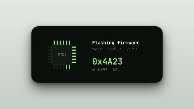 animated computer interface displaying firmware flashing progress on esp32-s3 microcontroller hardware target