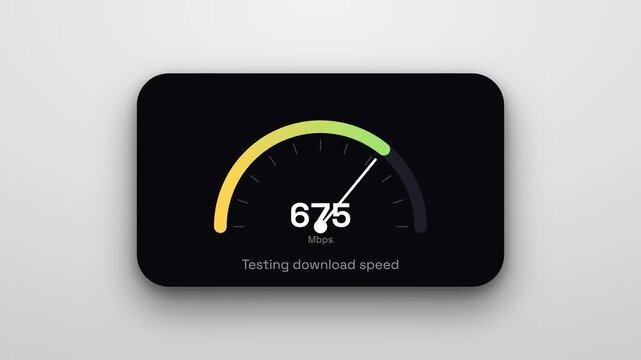Animated interface displaying internet download speed test gauge on dark minimalist dashboard background
