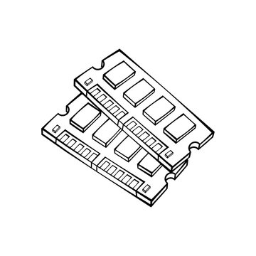 Isometric line art illustration of computer RAM memory modules hardware component isolated on transparent background for technology