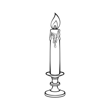 Burning burning candle on vintage candlestick holder line art vector illustration isolated on transparent background for design resources decoration
