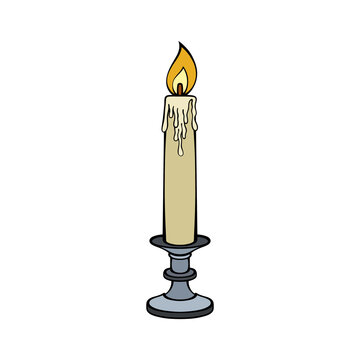Burning vintage burning wax candle with dripping wax in a classic candlestick holder isolated on a transparent background vector
