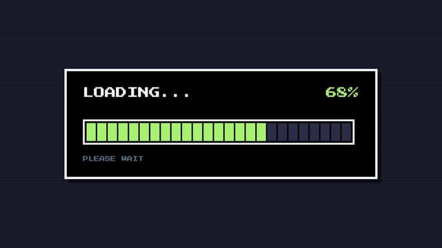 Animated retro pixel art loading progress bar screen with zero percent indicator and please wait text