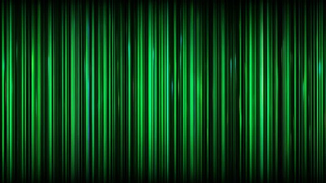 Vertical green light streaks shimmer against black background, forming dense parallel lines with shifting brightness, soft luminous edges, and scattered teal highlights across abstract pattern