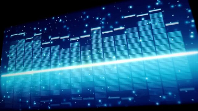 Abstract digital audio equalizer display showing sound waves and glowing blue light particles.