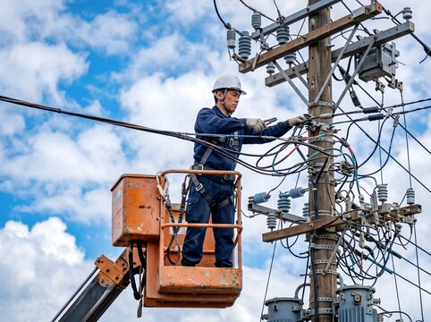 電気工事士の日本人男性が高所作業車で電線を保守点検