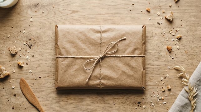 wrapped parcel tied with string on wooden table with oats and crumbs