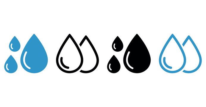 Set of four water drop icons in blue, black, and outline styles on white background.