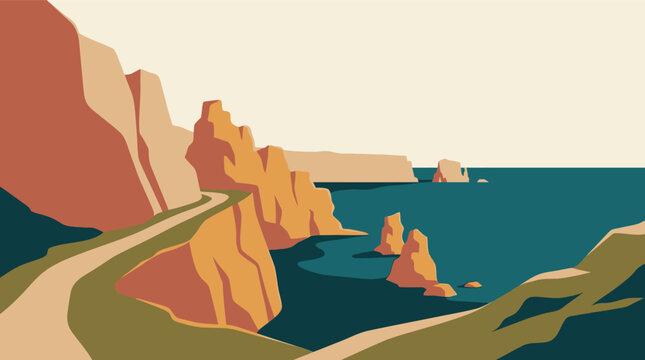 Scenic coastal road winding along rocky cliffs next to the ocean